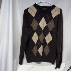 PAOLO MONDO 100 % Cashmere brown and cream v neck diamond sweater Large